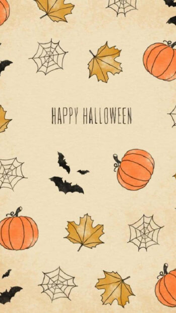 A preppy Halloween wallpaper with a watercolor pattern of autumn leaves, bats, spiderwebs, and pumpkins on a light background