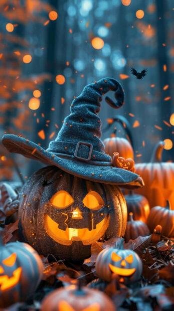 Preppy Halloween Wallpaper featuring a spooky jack-o'-lantern pumpkin wearing a witch's hat