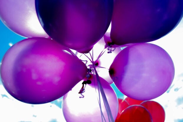 A vibrant Birthday Wallpaper showcasing purple and pink balloons floating against a bright blue sky