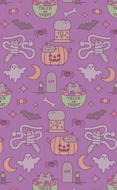 A cute Kawaii Halloween Wallpaper featuring Pusheen cats dressed as mummies and pumpkins in a repeating pattern on a purple background