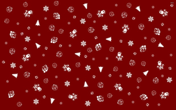 A vibrant red Christmas collage wallpaper featuring white minimalist Santa, snowflake, Christmas tree, and gift icons scattered evenly