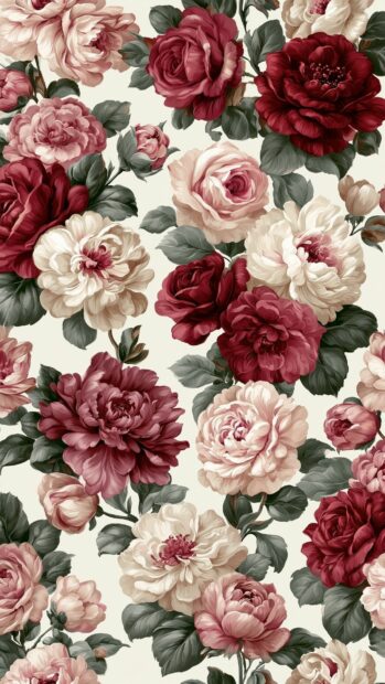 Flower Wallpaper showcasing a romantic pattern of red, pink, and white roses and peonies