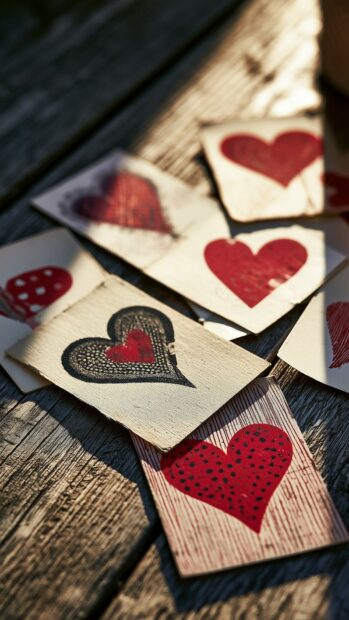 A rustic Heart Wallpaper depicting several small cards with hand-painted red and black hearts, scattered on a textured wooden surface under natural light