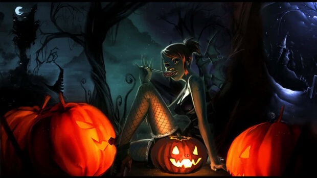 A 3D Halloween Wallpaper showing a sexy girl with fishnet stockings sitting amongst glowing pumpkins in a dark, spooky forest graveyard