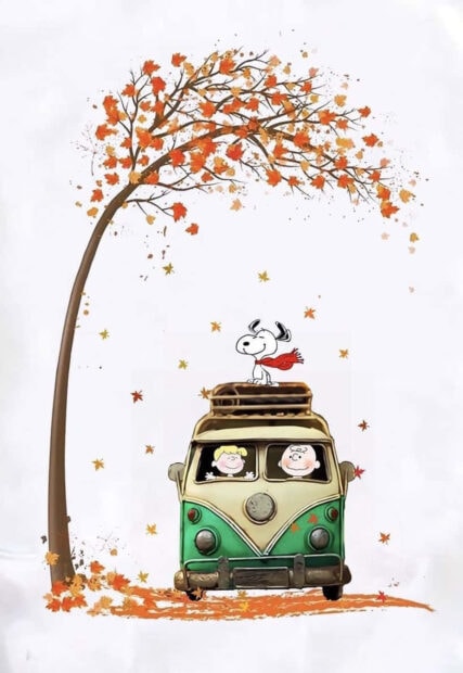 A charming Snoopy Fall Wallpaper featuring Snoopy on a vintage camper van with Charlie Brown and Lucy, driving under an autumn tree with falling leaves on a white background