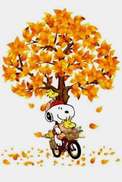 A charming Snoopy Fall Wallpaper featuring Snoopy and Woodstock riding a bicycle with flowers under a vibrant autumn tree with falling leaves