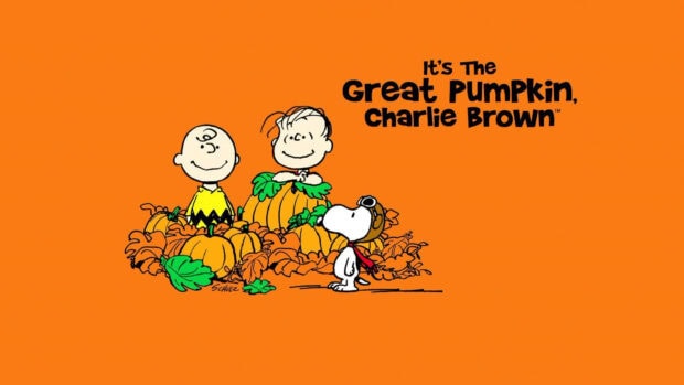 An iconic Snoopy Fall Wallpaper from "It's The Great Pumpkin, Charlie Brown" showing the characters surrounded by pumpkins and autumn leaves