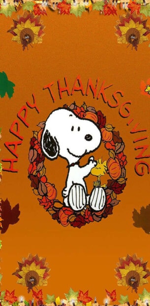 Snoopy Fall Wallpaper featuring Snoopy and Woodstock in a Thanksgiving wreath with "Happy Thanksgiving" text