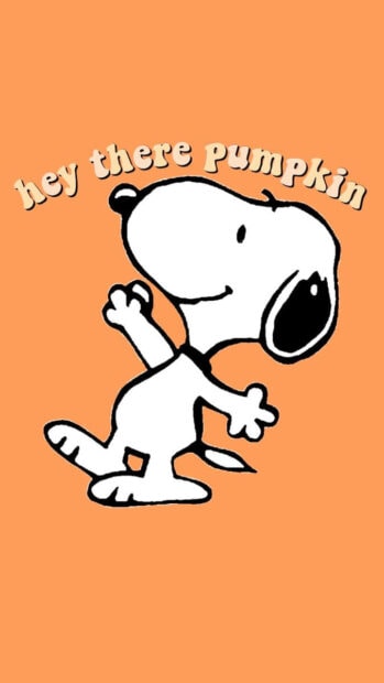 A minimalist Snoopy Fall Wallpaper featuring Snoopy waving with the text "hey there pumpkin" above him, all set against a solid orange background