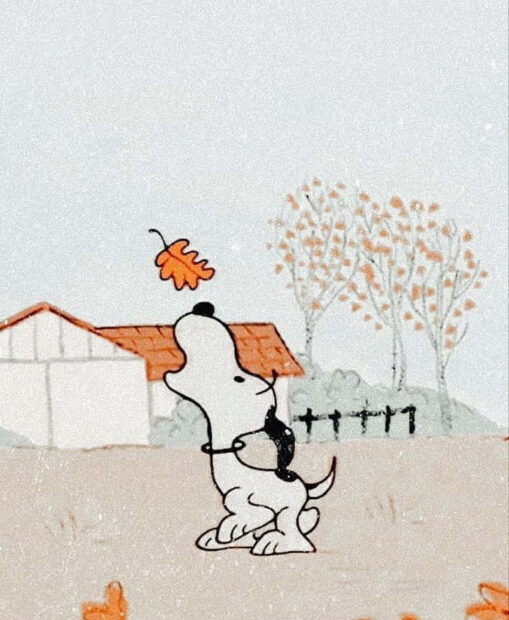 A serene Snoopy Fall Wallpaper depicting Snoopy looking up at a single orange autumn leaf falling in a muted, aesthetic landscape