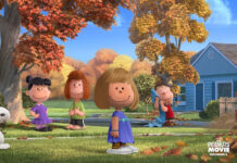 A stunning 3D Snoopy Fall Wallpaper from The Peanuts Movie featuring Snoopy and the gang in a vibrant autumn neighborhood scene with colorful trees