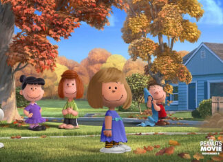 A stunning 3D Snoopy Fall Wallpaper from The Peanuts Movie featuring Snoopy and the gang in a vibrant autumn neighborhood scene with colorful trees