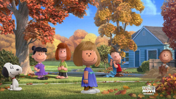 A stunning 3D Snoopy Fall Wallpaper from The Peanuts Movie featuring Snoopy and the gang in a vibrant autumn neighborhood scene with colorful trees