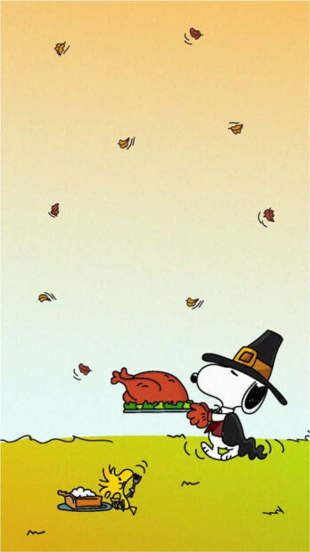 Snoopy Fall Wallpaper with Snoopy in a pilgrim hat carrying a turkey and Woodstock with a pie