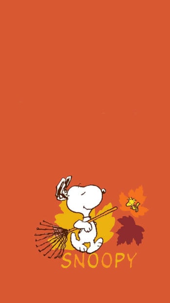 An adorable Snoopy Fall Wallpaper depicting Snoopy raking colorful autumn leaves with Woodstock nearby on a solid orange background, with "SNOOPY" text at the bottom
