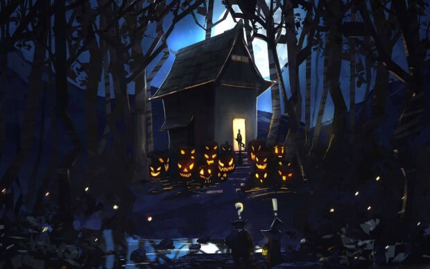 A spooky haunted house in a dark forest with glowing jack-o'-lanterns under a full moon serves as an eerie Halloween Macbook wallpaper