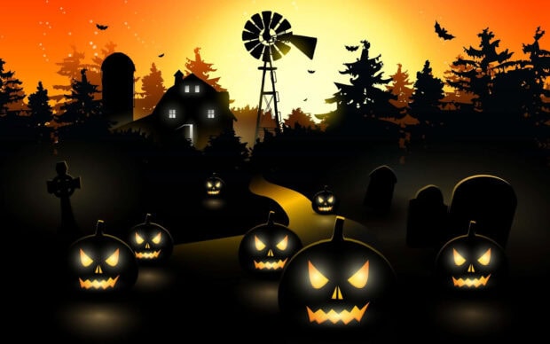 A 3D Halloween Wallpaper depicting a spooky farm scene with glowing jack o' lanterns, a windmill, and bats flying against an orange sunset