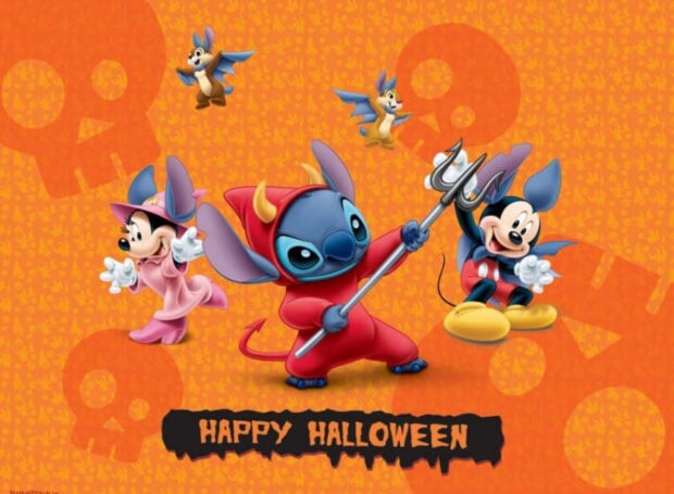 A vibrant Stitch Halloween wallpaper featuring Stitch dressed as a devil, Mickey as a vampire, and Minnie as a witch on an orange background