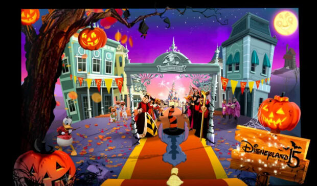 An elaborate Stitch Halloween wallpaper showing Stitch in a witch hat at a Halloween event in a Disneyland-themed park with pumpkins and Disney villains