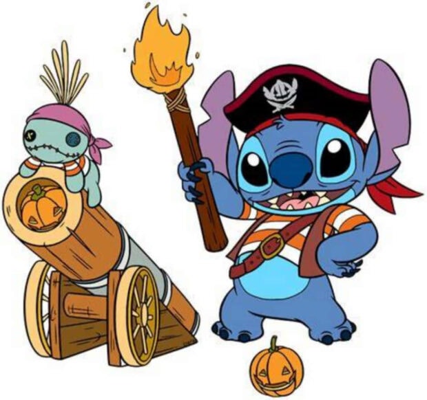 A cute Stitch Halloween wallpaper featuring Stitch as a pirate holding a torch, next to a cannon with a small voodoo doll and a pumpkin
