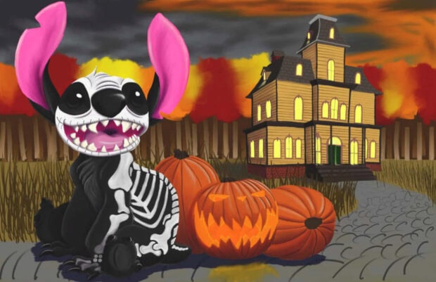 A spooky Stitch Halloween wallpaper depicting Stitch in a skeleton costume with pink ears next to glowing pumpkins and a haunted house
