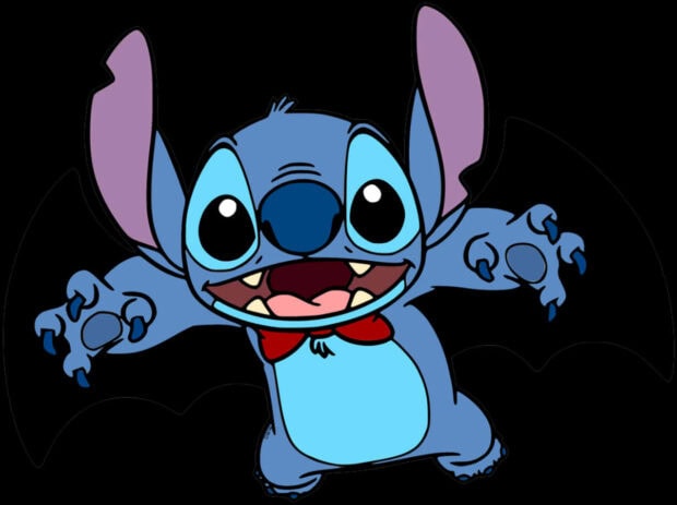 A cute Stitch Halloween wallpaper featuring Stitch in a black bat costume with a red bow tie on a dark background