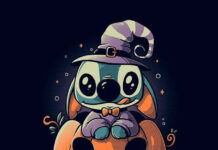 A charming Stitch Halloween wallpaper featuring a chibi Stitch wearing a witch hat, sitting on a carved pumpkin against a dark background with sparkling details