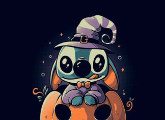 A charming Stitch Halloween wallpaper featuring a chibi Stitch wearing a witch hat, sitting on a carved pumpkin against a dark background with sparkling details