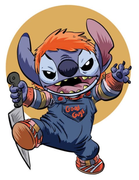 Stitch Halloween Wallpaper showing Stitch dressed as Chucky holding a knife with an orange circle background