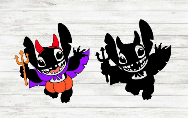 A minimalist Stitch Halloween wallpaper showing two devil Stitch silhouettes, one colored with red and purple, both holding tridents on a light wooden background