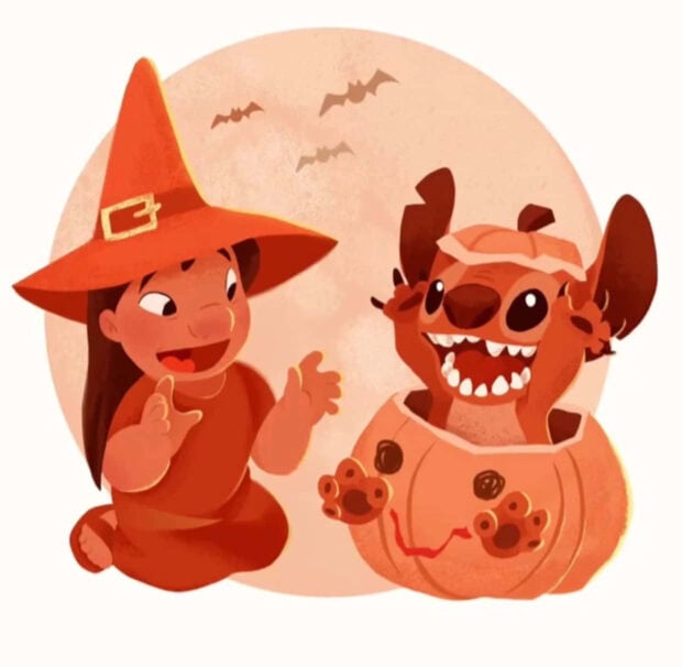Stitch Halloween Wallpaper showing Lilo in a witch hat and Stitch in a pumpkin costume against a full moon background