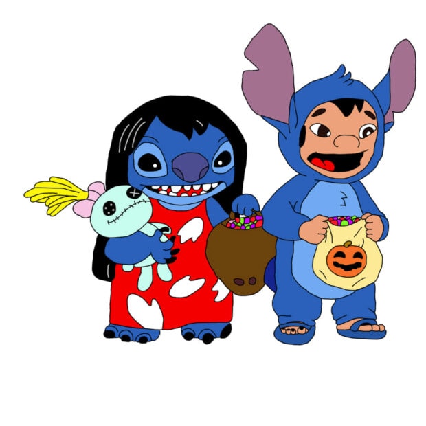 A charming Stitch Halloween wallpaper depicting Lilo dressed as Stitch and Stitch as a human boy, trick-or-treating with candy bags