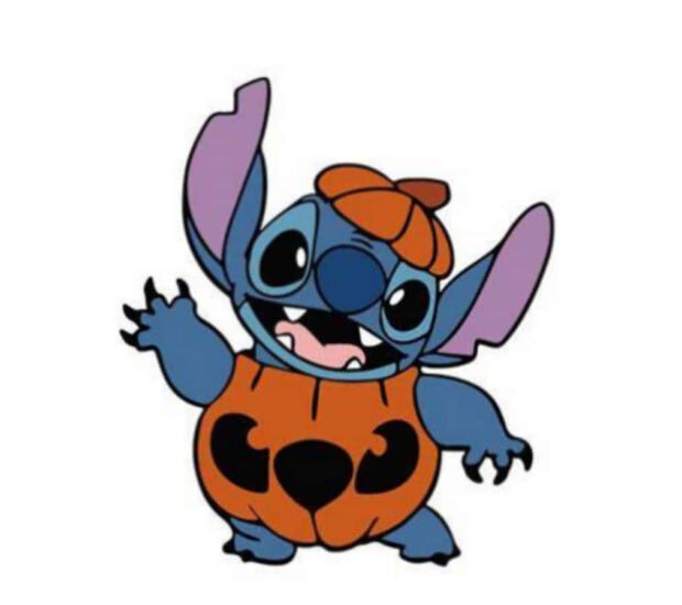 An adorable Stitch Halloween wallpaper featuring Stitch wearing an orange pumpkin costume and waving