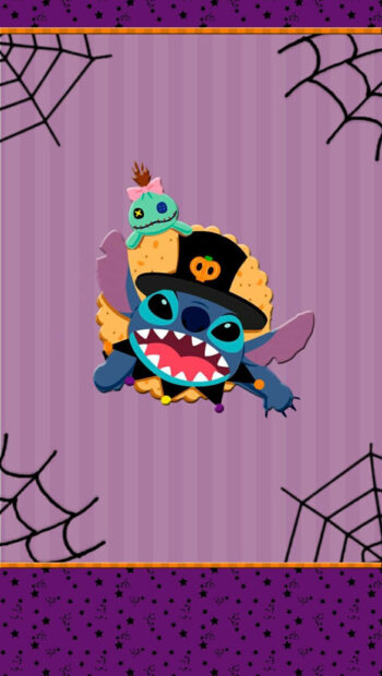 Stitch Halloween Wallpaper for mobile featuring Stitch in a costume with a small green plush on a purple striped background with spiderwebs