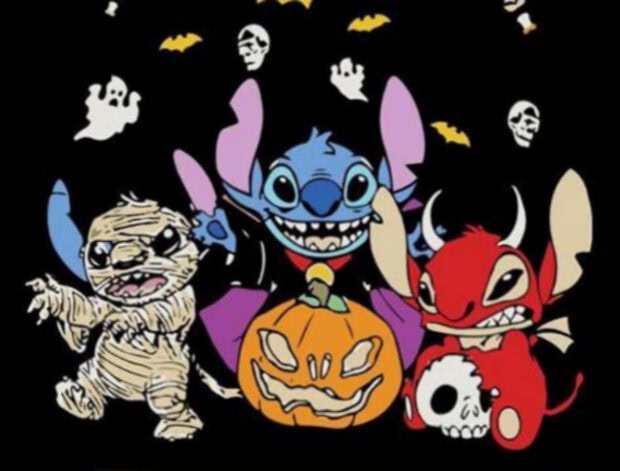 A vibrant Stitch Halloween wallpaper featuring three Stitch characters dressed as a mummy, vampire, and devil, with ghosts and bats on a black background