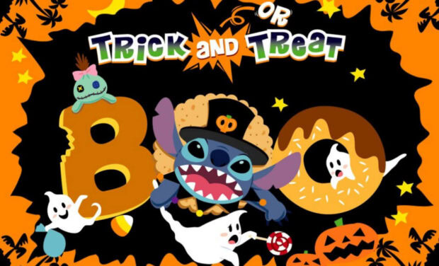 A vibrant Stitch Halloween wallpaper featuring Stitch in a festive hat surrounded by playful ghosts, candy corn, and "Trick and Treat or Boo" text on an orange and black background