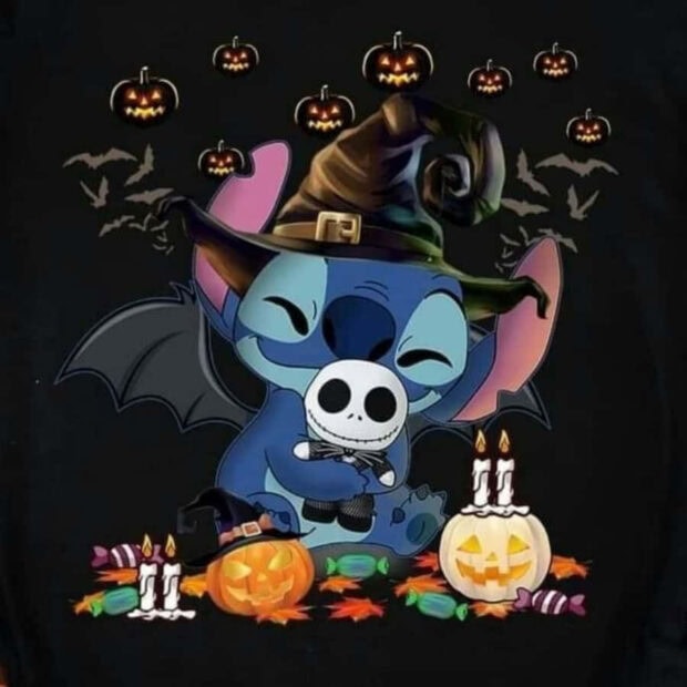 Stitch Halloween Wallpaper featuring Stitch in a witch hat with bat wings, holding a Jack Skellington doll, surrounded by glowing pumpkins, candles, and candy