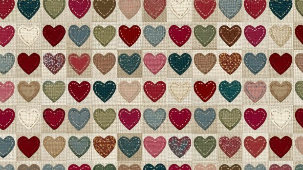 A charming Heart Wallpaper featuring a repeating pattern of small, stitched fabric hearts in various muted colors like red, green, and beige on a textile background