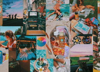 A vibrant summer collage wallpaper showcasing various travel and vacation activities like beach days, cityscapes, and outdoor adventures
