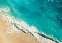 An aerial Summertime Wallpaper 2026 showcasing turquoise ocean waves crashing onto a golden sandy beach