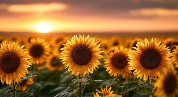 Flower wallpaper showcasing a beautiful field of sunflowers bathed in the warm glow of a sunset