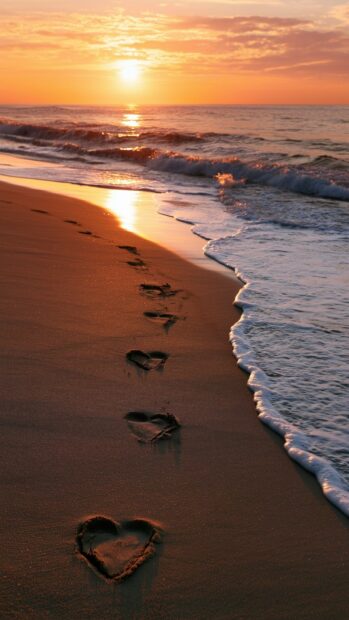 A beautiful sunset beach Heart Wallpaper featuring footprints and heart shapes drawn in the sand by the ocean waves, ideal for mobile