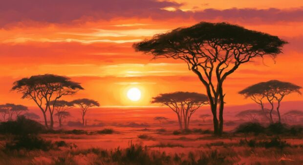 A striking Sunset Wallpaper depicting an African savanna landscape with silhouetted acacia trees against a fiery orange sky