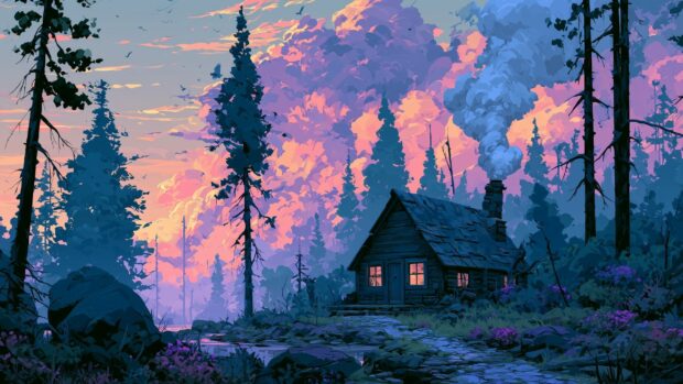 A serene forest Sunset Wallpaper featuring a rustic wooden cabin with smoke rising from its chimney, surrounded by tall pine trees under a vibrant pink and purple cloudy sky