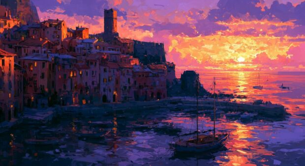 An artistic painting-style Sunset Wallpaper depicting a vibrant coastal town with houses, a tower, and boats in the water under a dramatic orange and purple sky
