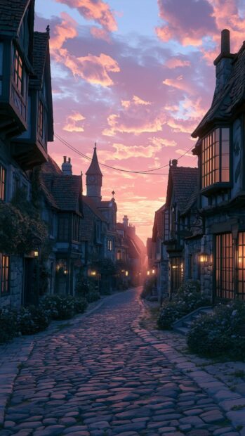 A charming old village Sunset Wallpaper featuring a narrow cobblestone street lined with traditional buildings under a soft pink and purple sky