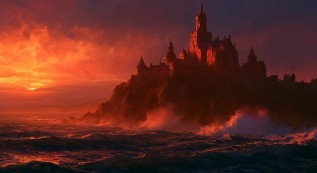 A dramatic Sunset Wallpaper featuring a fantasy castle perched on a cliff overlooking a stormy ocean with crashing waves under a fiery red sky