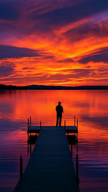 A captivating sunset wallpaper showing a lone fisherman on a dock over a lake with fiery orange and red reflections