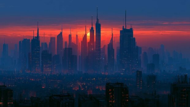 Sunset Wallpaper showcasing a futuristic city skyline with tall buildings silhouetted against a vibrant red and blue sky