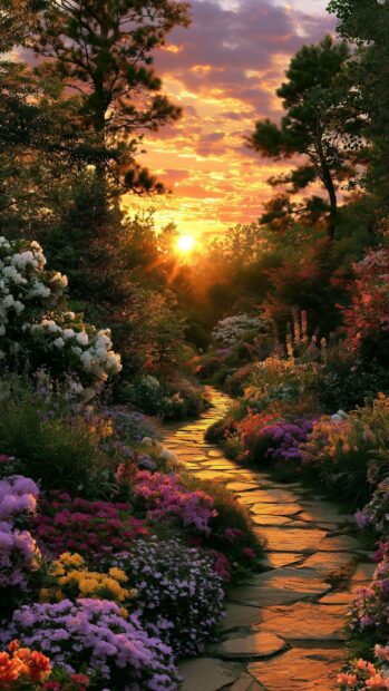 A vibrant Sunset Wallpaper featuring a magical garden path lined with colorful flowers and lush trees